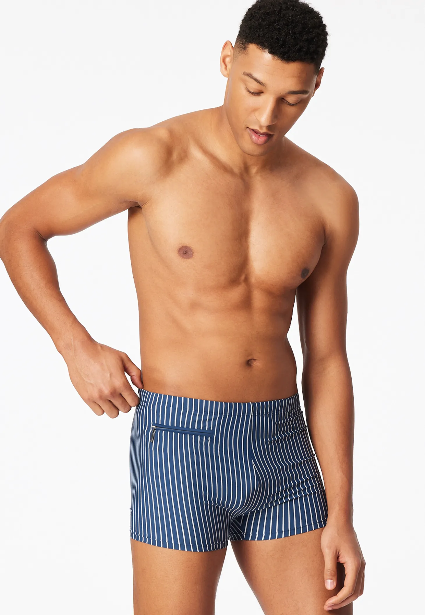 Badehose mit Bein Reißverschlusstasche blau gestreift - Aqua