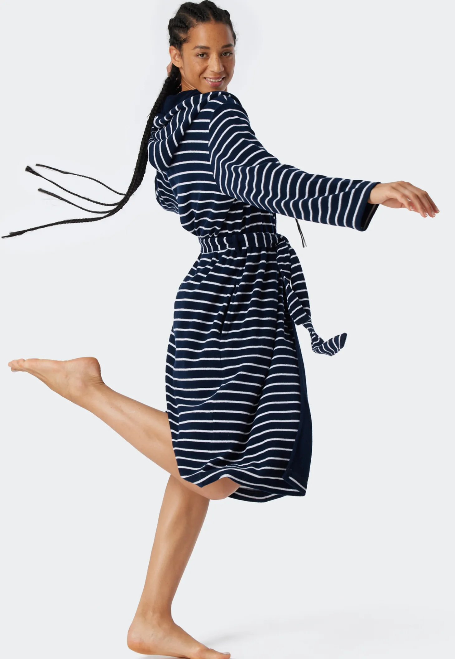 Bademantel Leichtfrottee navy gestreift - Feather Terry