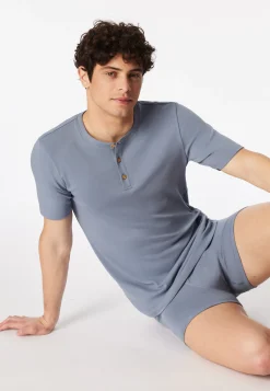 Henley-Shirt kurzarm Knopfleiste blaugrau - Rib Essentials