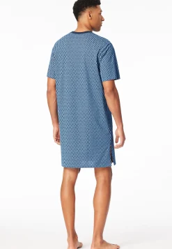 Nachthemd kurzarm V-Ausschnitt Brusttasche blau kariert - Comfort Nightwear