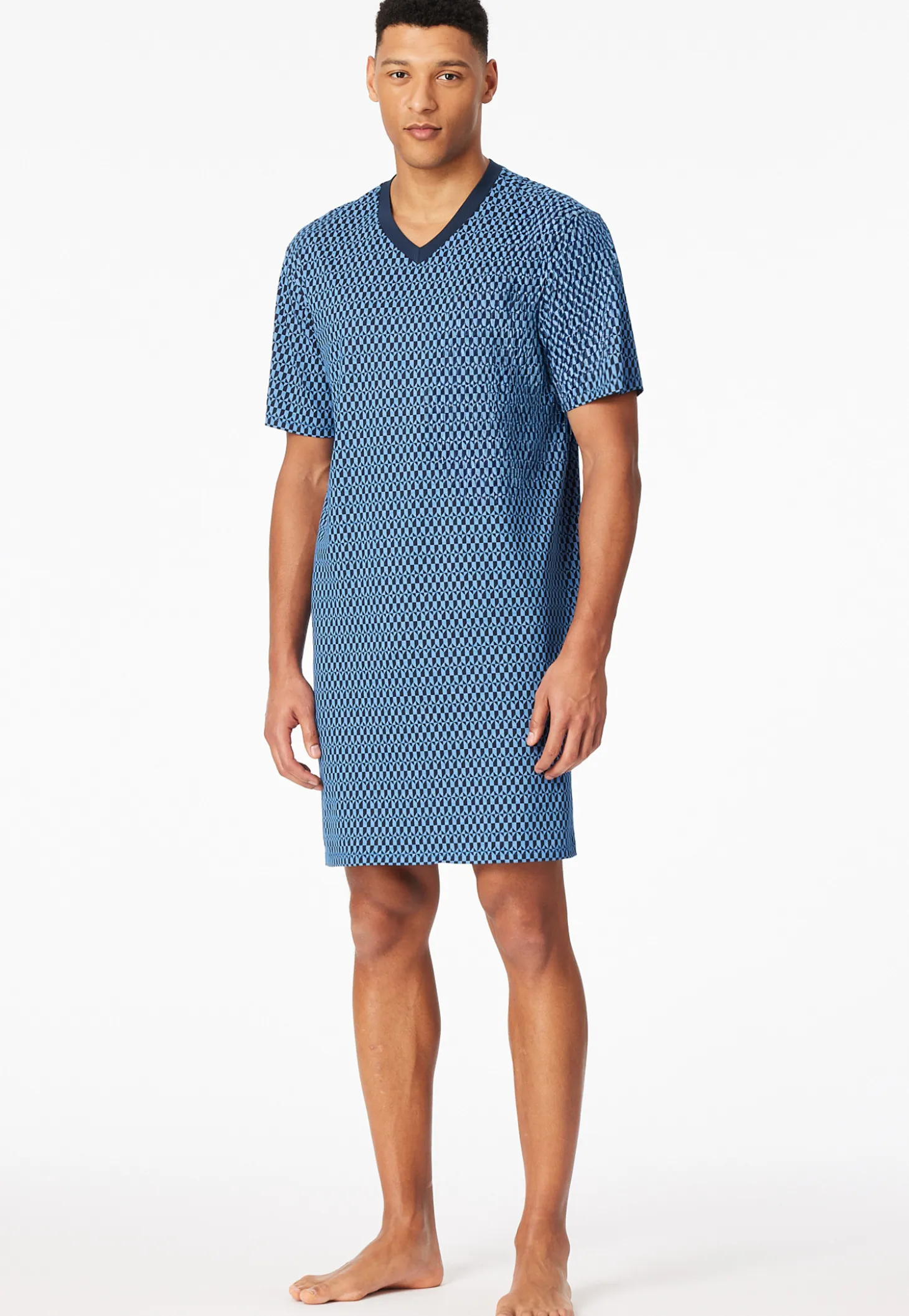 Nachthemd kurzarm V-Ausschnitt Brusttasche blau kariert - Comfort Nightwear