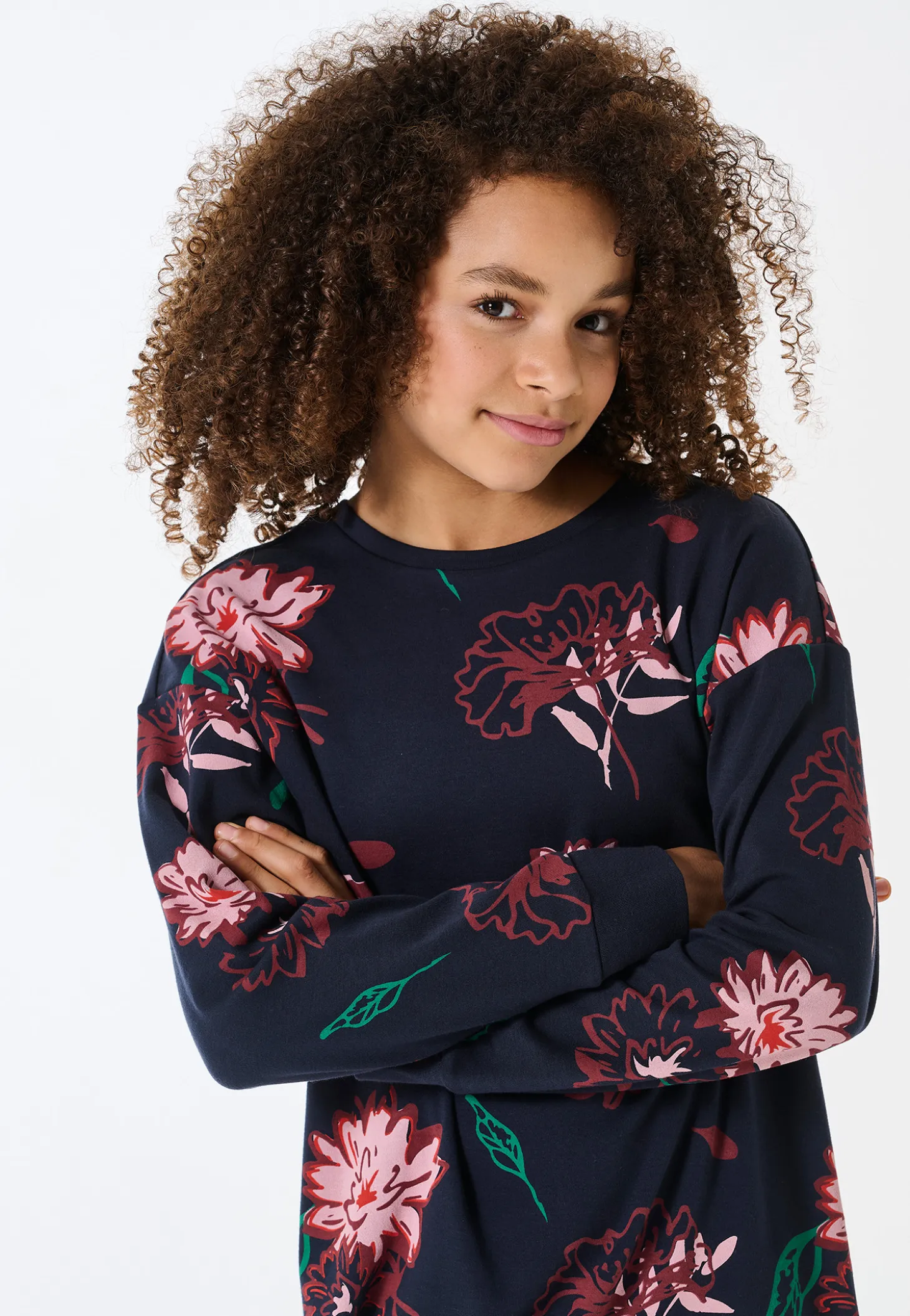 Nachthemd langarm Interlock Blumen nachtblau - Teens Nightwear
