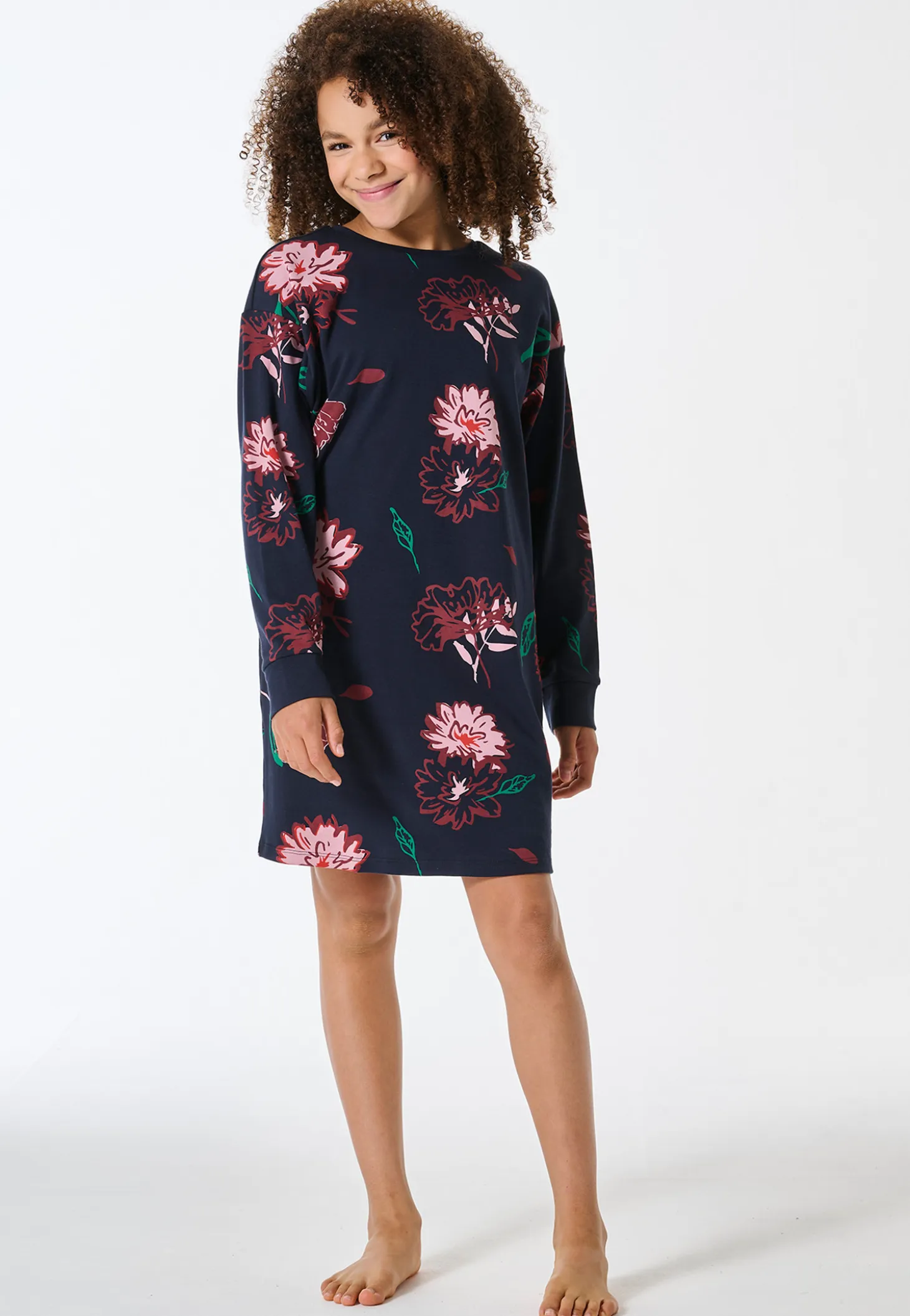Nachthemd langarm Interlock Blumen nachtblau - Teens Nightwear