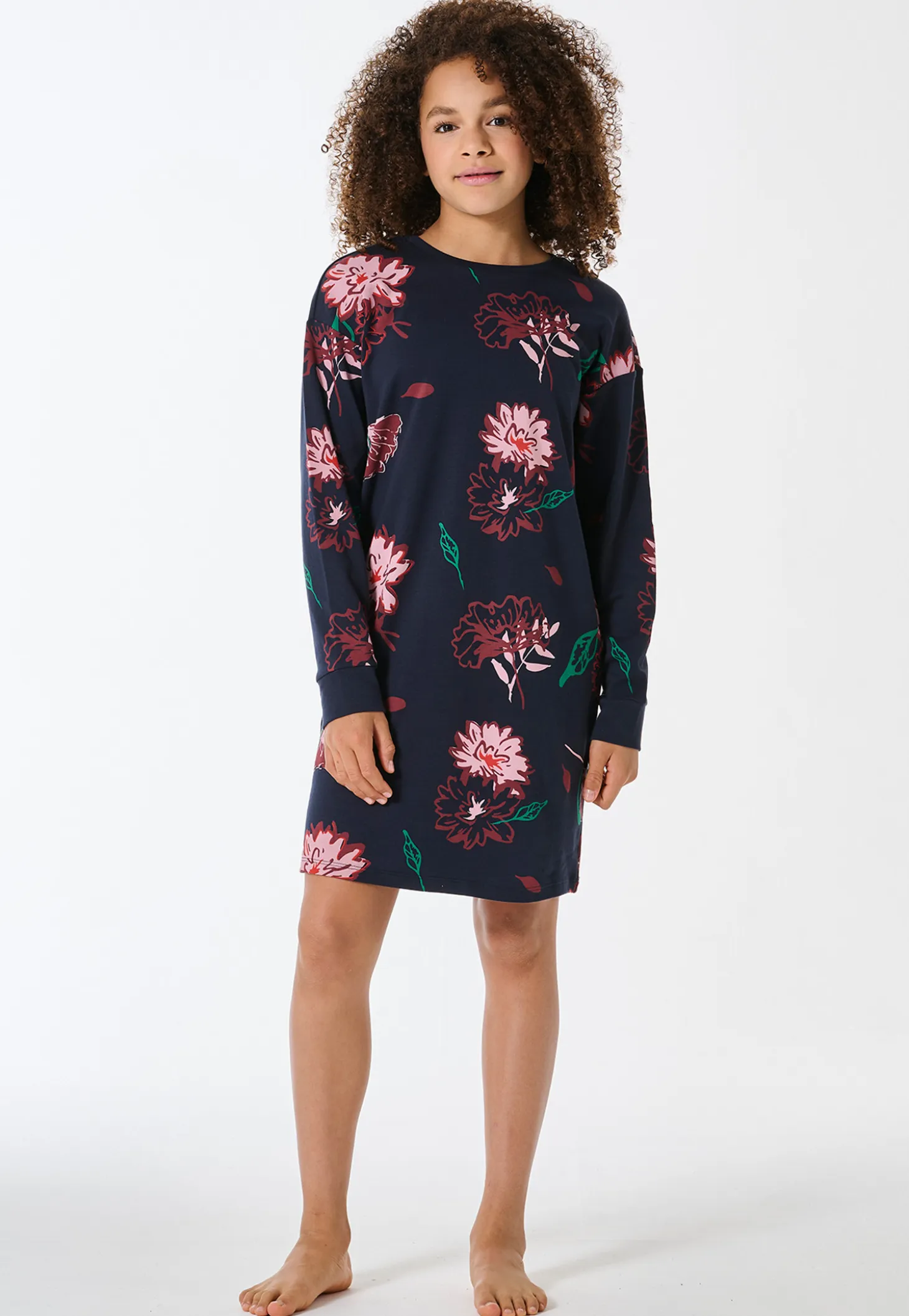 Nachthemd langarm Interlock Blumen nachtblau - Teens Nightwear
