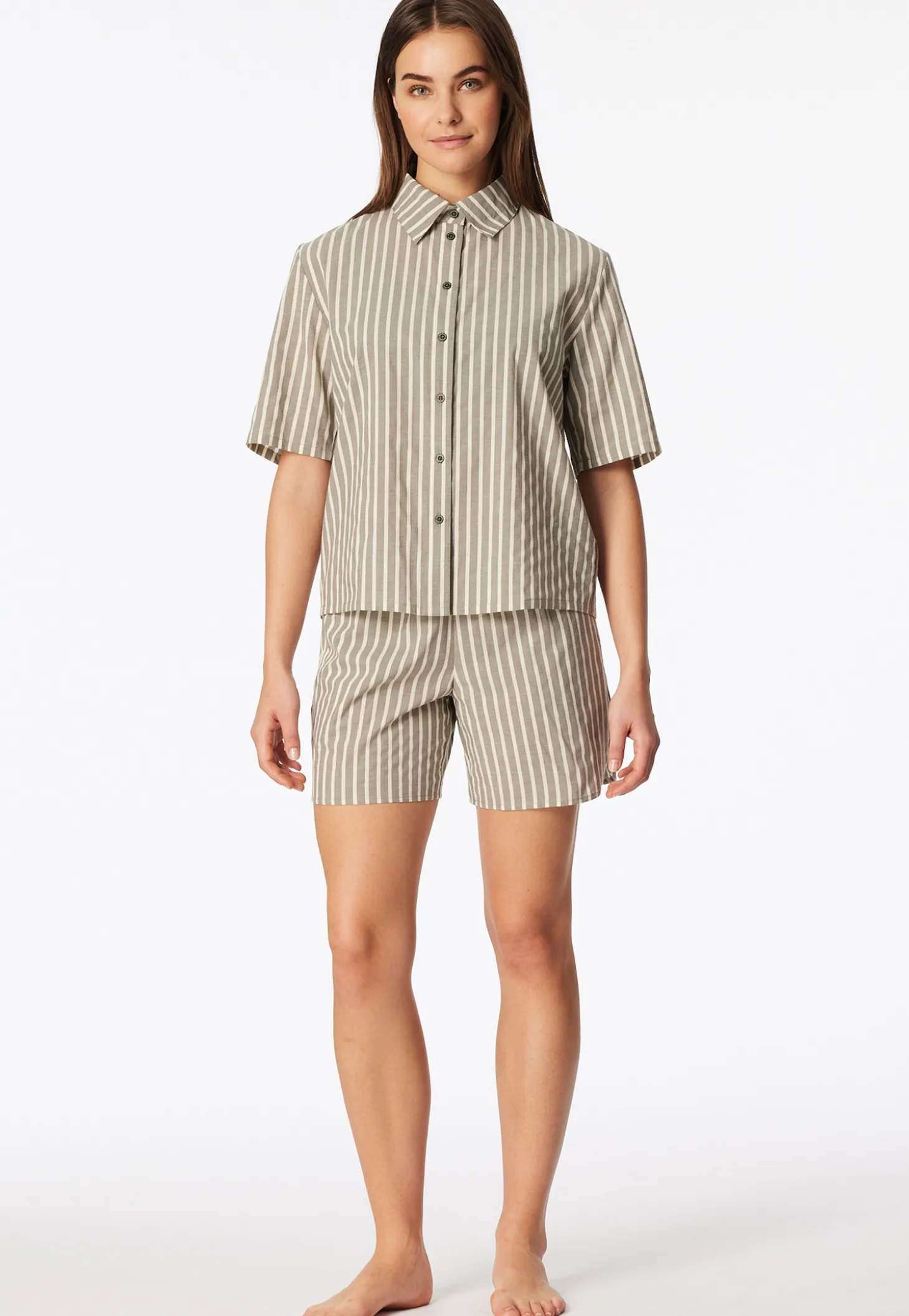 Pyjama kurz Webware Streifen oliv - Selected Premium