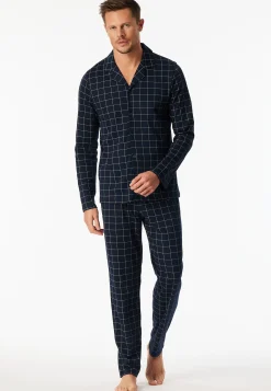 Pyjama lang Interlock nachtblau kariert - Fine Interlock