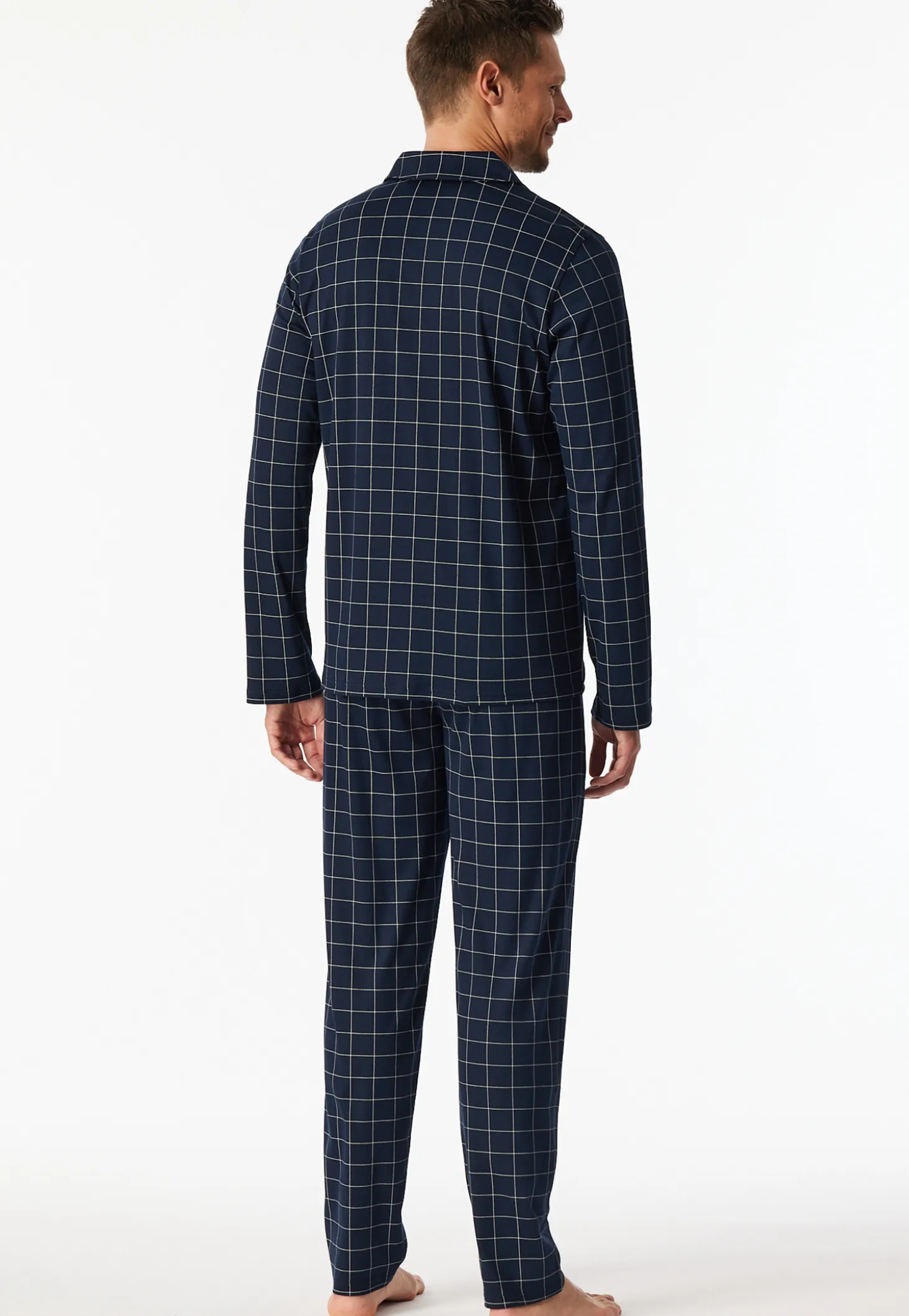 Pyjama lang Interlock nachtblau kariert - Fine Interlock