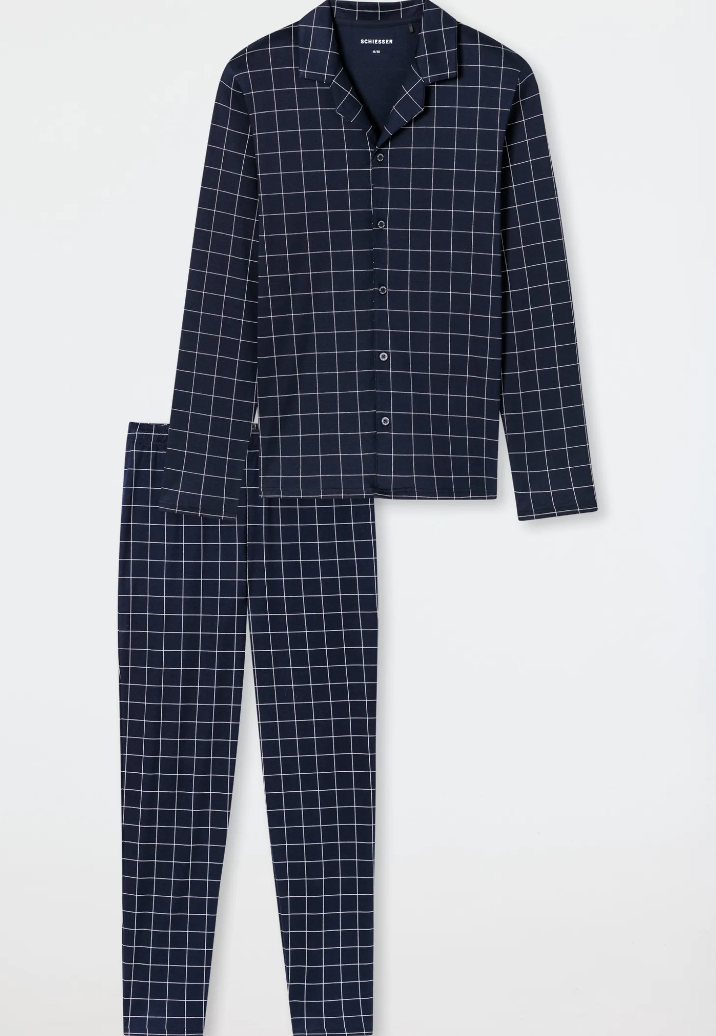 Pyjama lang Interlock nachtblau kariert - Fine Interlock