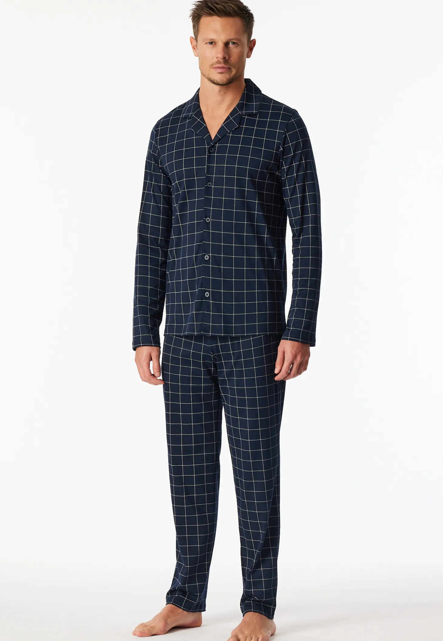 Pyjama lang Interlock nachtblau kariert - Fine Interlock