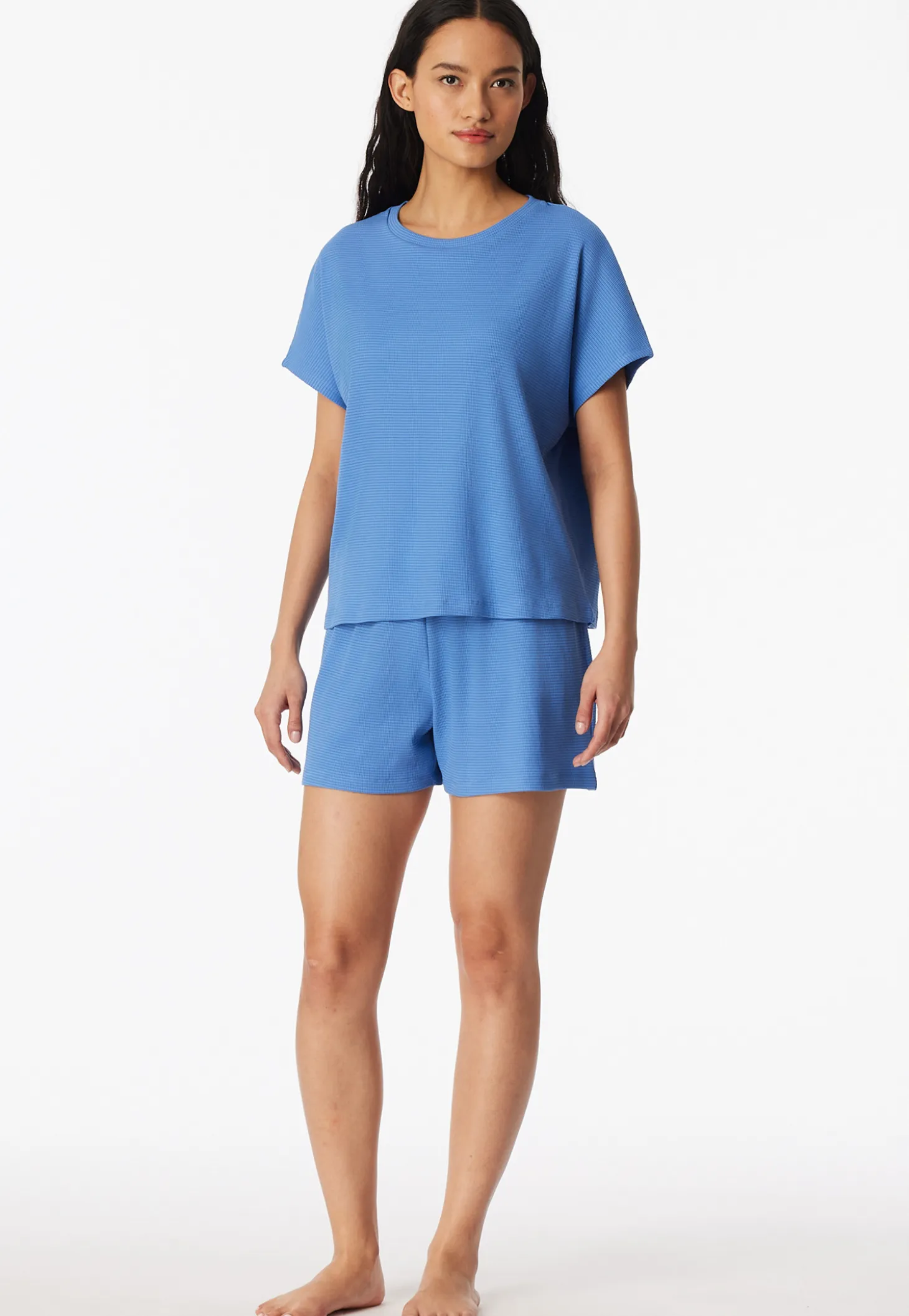 Schlafanzug kurz Feinripp Jacquard aqua - Casual Feel