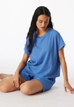 Schlafanzug kurz Feinripp Jacquard aqua - Casual Feel