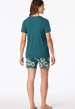 Schlafanzug kurz Interlock Blumen grün - Modern Nightwear