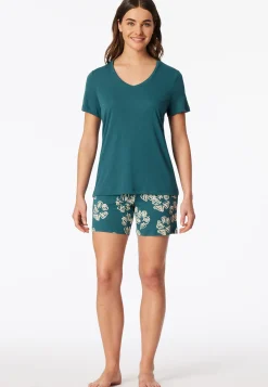 Schlafanzug kurz Interlock Blumen grün - Modern Nightwear