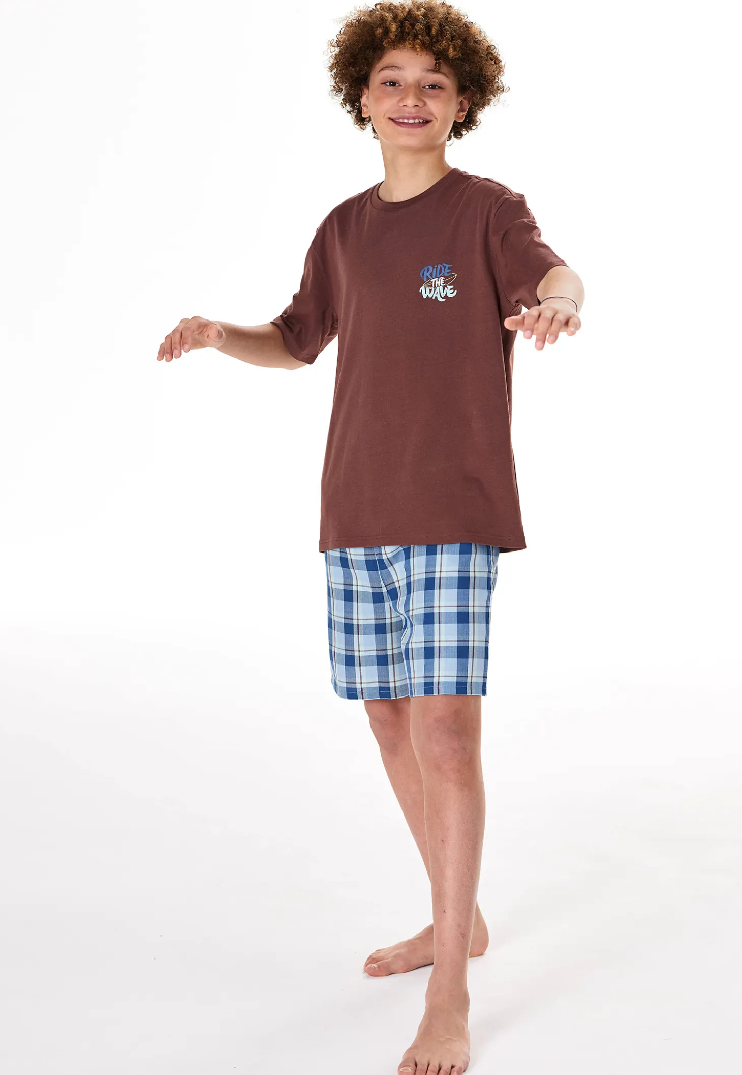 Schlafanzug kurz Karos braun - Teens Nightwear