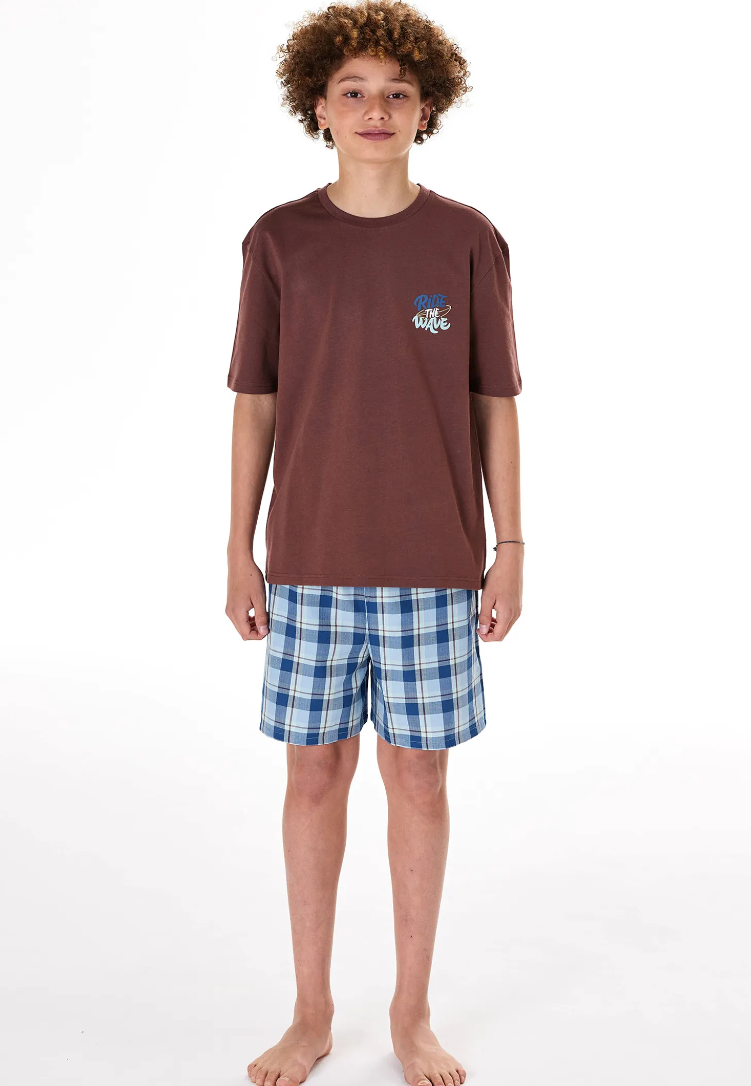 Schlafanzug kurz Karos braun - Teens Nightwear