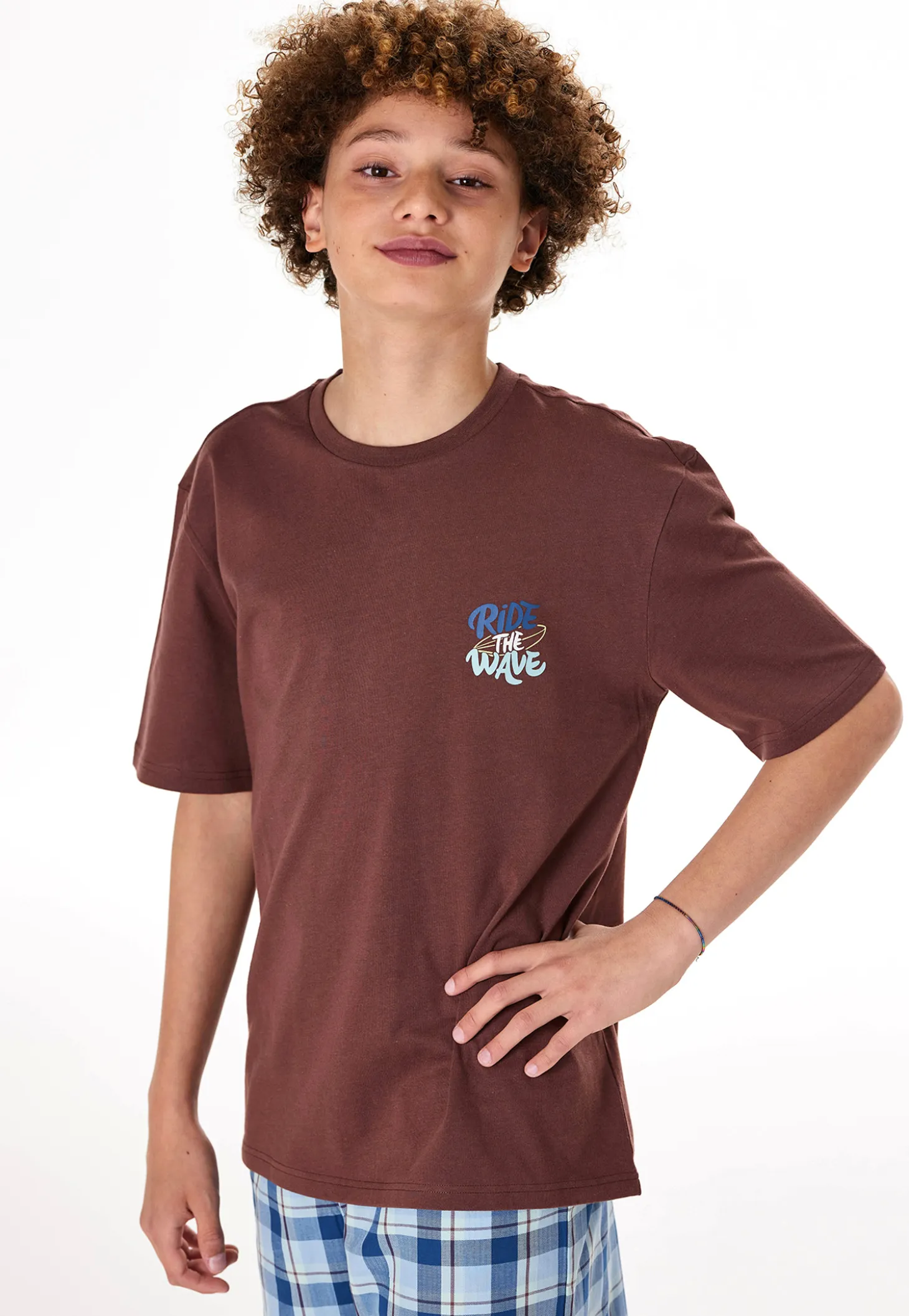 Schlafanzug kurz Karos braun - Teens Nightwear