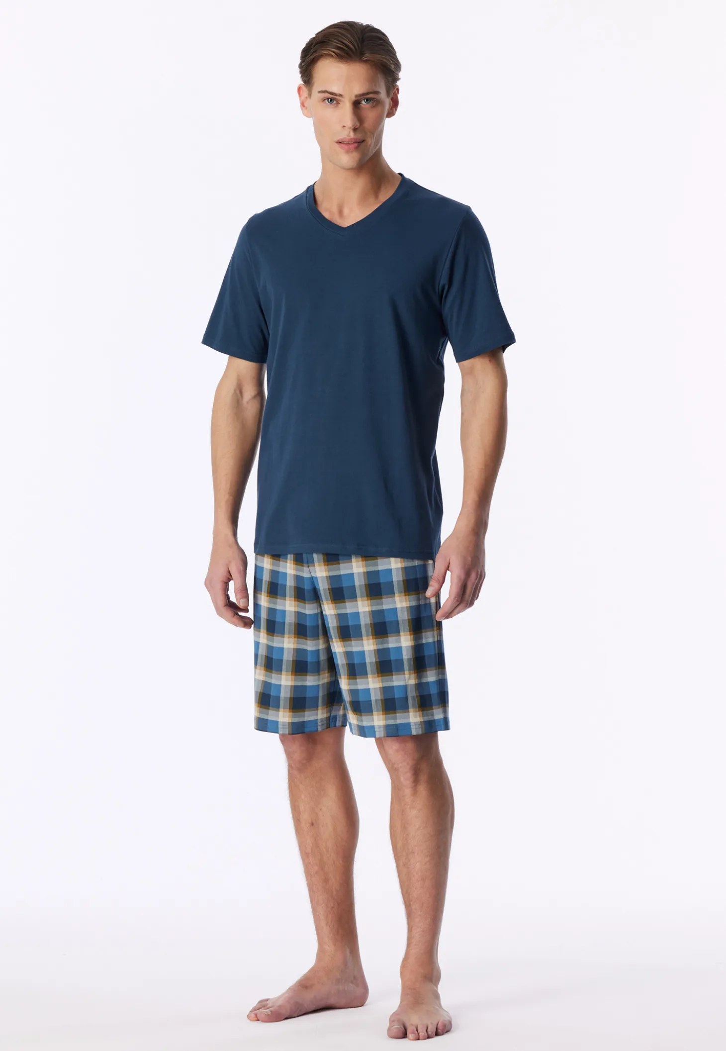 Schlafanzug kurz Karos deep blue - Casual Essentials
