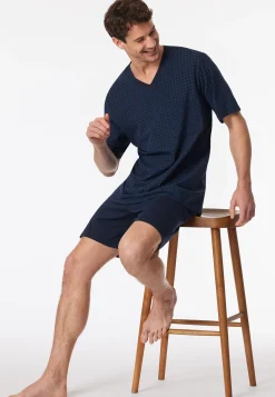 Schlafanzug kurz Karos nachtblau - Comfort Essentials