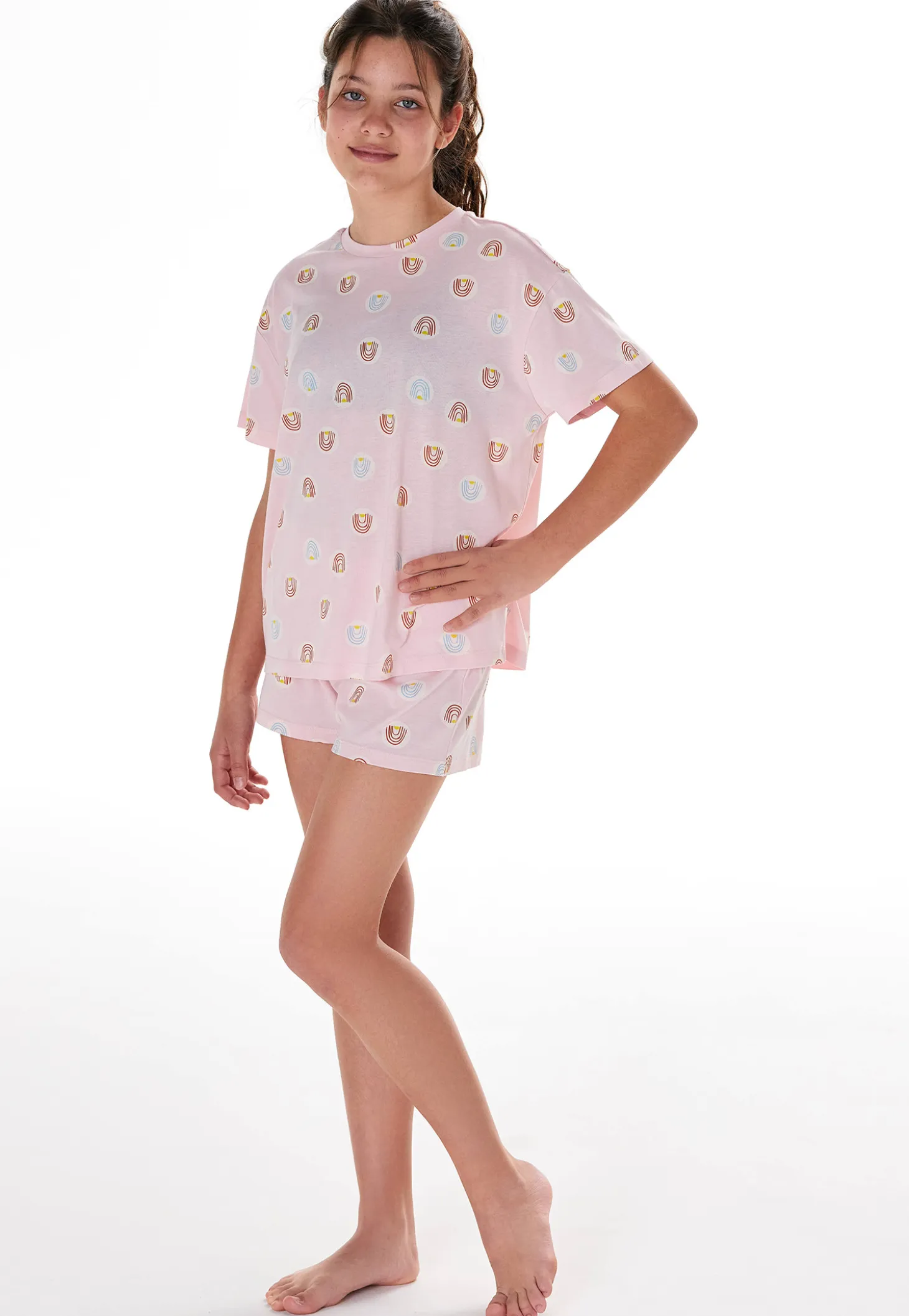 Schlafanzug kurz Regenbogen rosa - Teens Nightwear