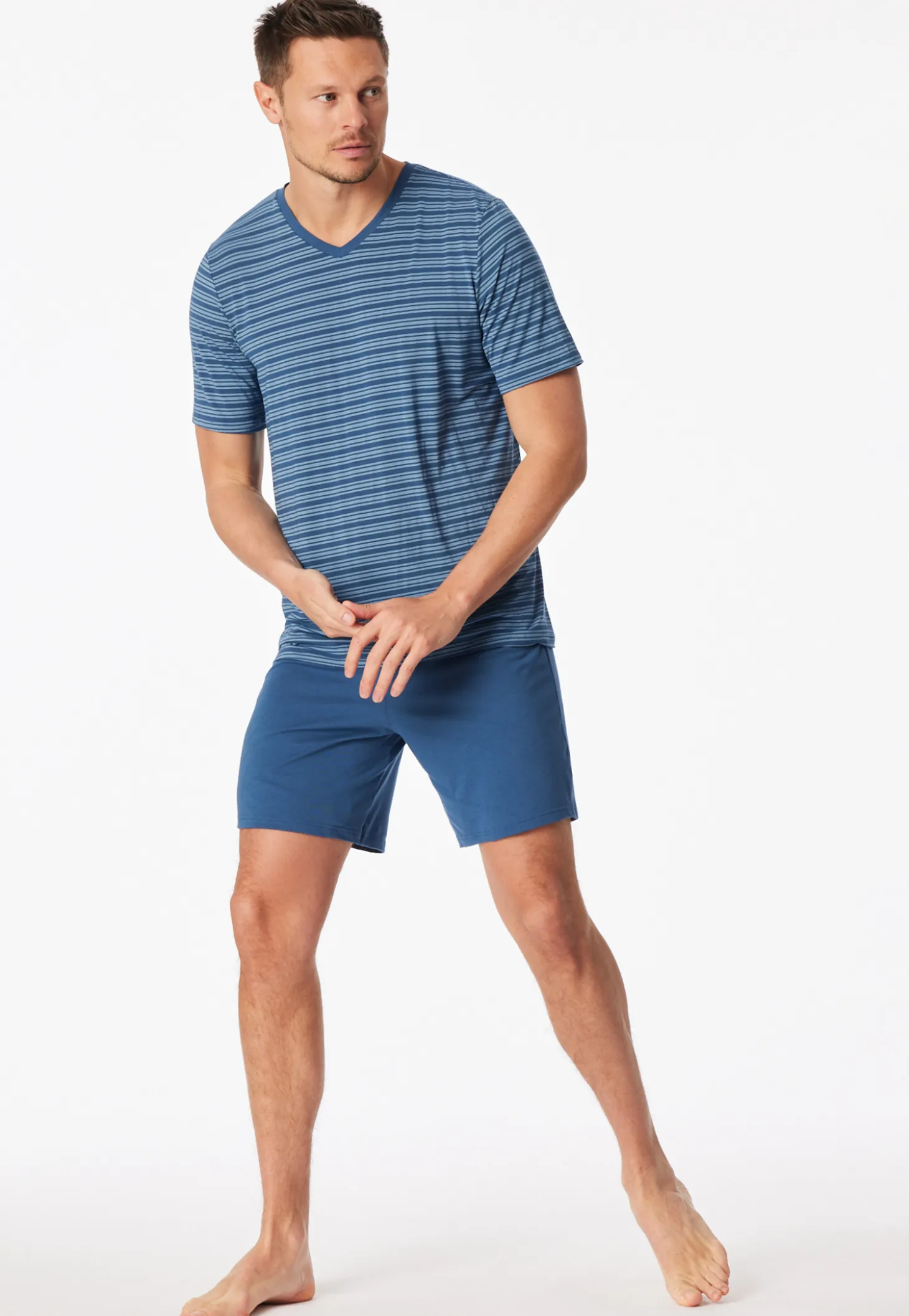 Schlafanzug kurz Ringel atlantikblau - Long Life Soft