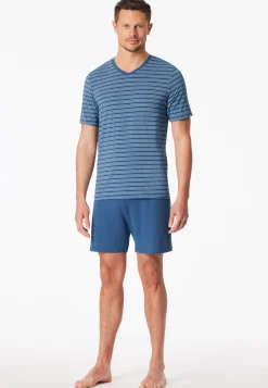 Schlafanzug kurz Ringel atlantikblau - Long Life Soft