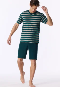 Schlafanzug kurz Ringel tiefseegrün - Casual Nightwear