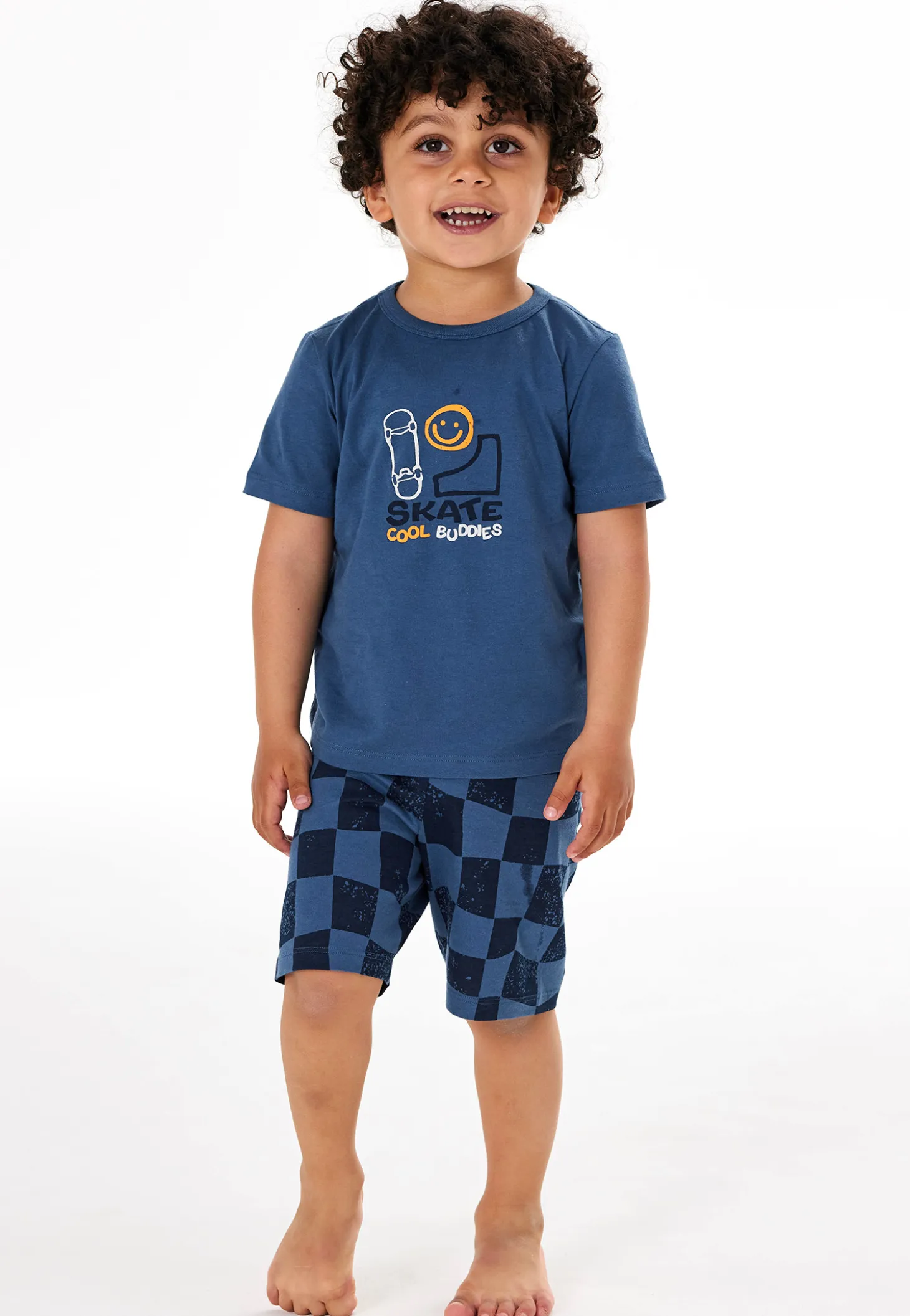 Schlafanzug kurz Skate Karos atlantikblau - Kids Nightwear
