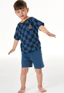 Schlafanzug kurz Smiley Karos atlantikblau - Kids Nightwear