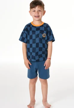 Schlafanzug kurz Smiley Karos atlantikblau - Kids Nightwear