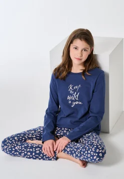 Schlafanzug lang Bündchen Animal Print jeansblau - Teens Nightwear