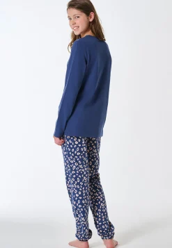 Schlafanzug lang Bündchen Animal Print jeansblau - Teens Nightwear
