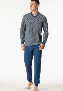 Schlafanzug lang Bündchen atlantikblau gemustert - Comfort Nightwear