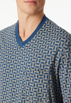Schlafanzug lang Bündchen atlantikblau gemustert - Comfort Nightwear