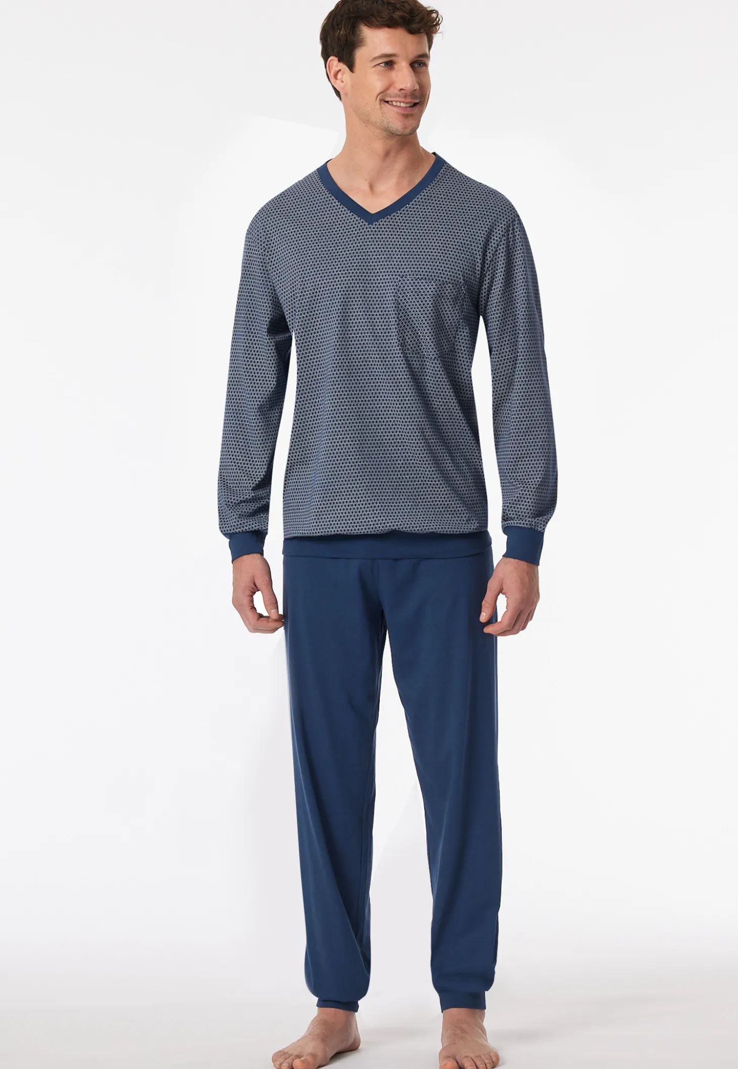 Schlafanzug lang Bündchen blau gemustert - Comfort Essentials