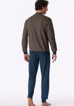 Schlafanzug lang Bündchen deep blue gemustert - Comfort Nightwear