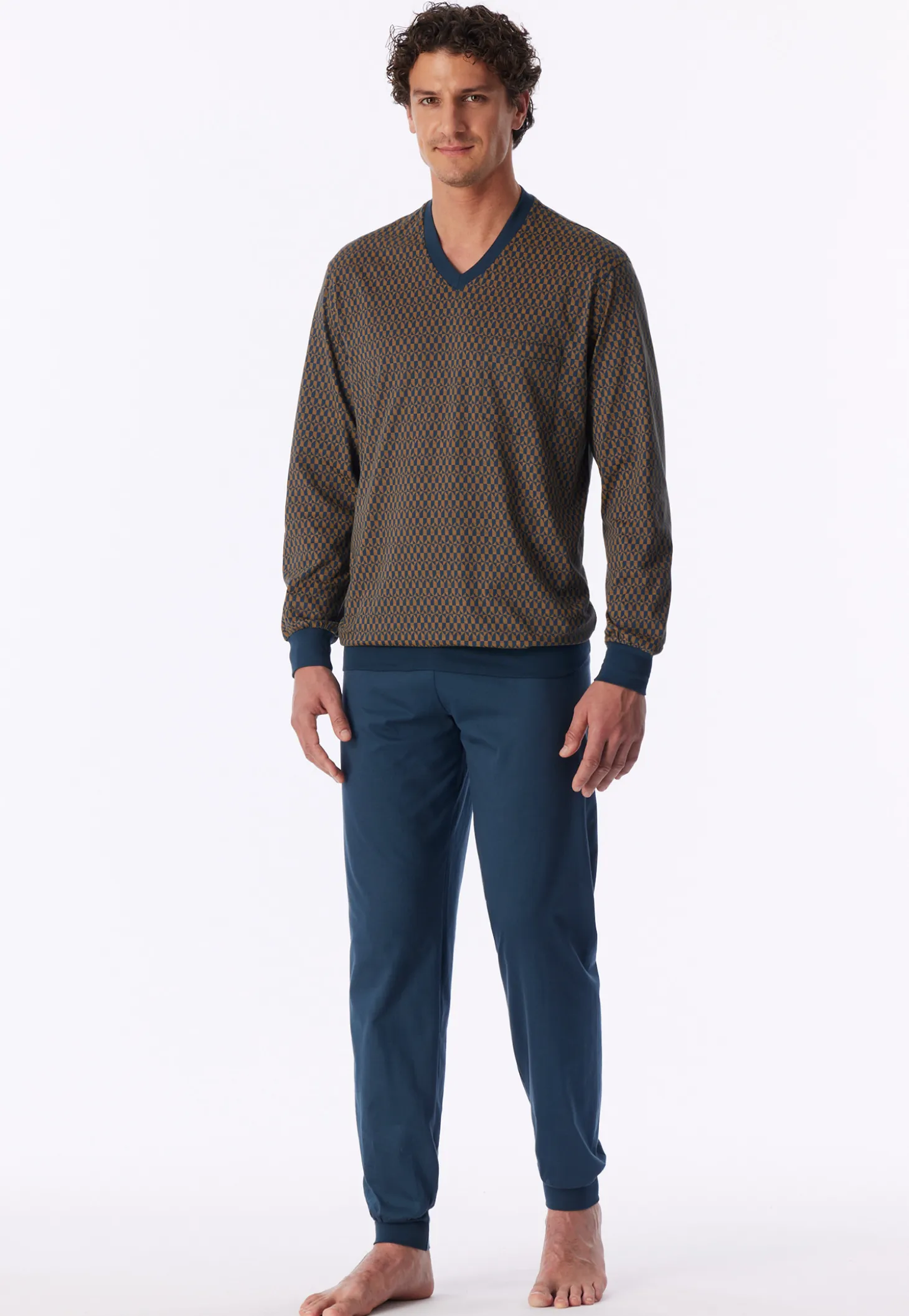 Schlafanzug lang Bündchen deep blue gemustert - Comfort Nightwear
