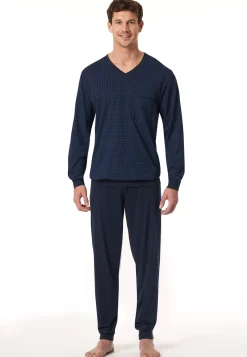 Schlafanzug lang Bündchen Karos nachtblau - Comfort Essentials