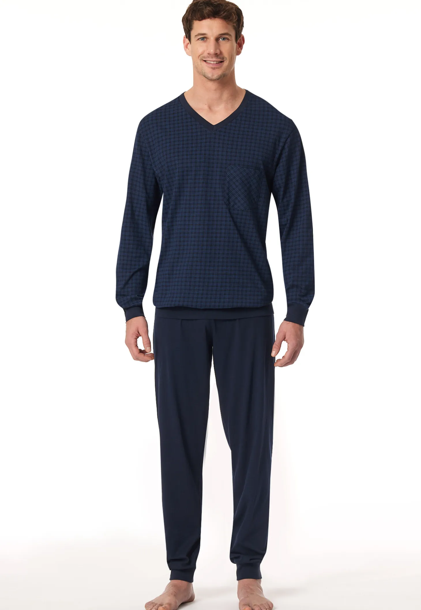 Schlafanzug lang Bündchen Karos nachtblau - Comfort Essentials