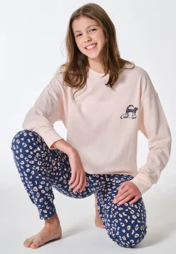 Schlafanzug lang Bündchen Katze Animal Print champagner - Teens Nightwear