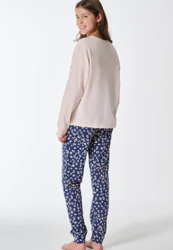 Schlafanzug lang Bündchen Katze Animal Print champagner - Teens Nightwear