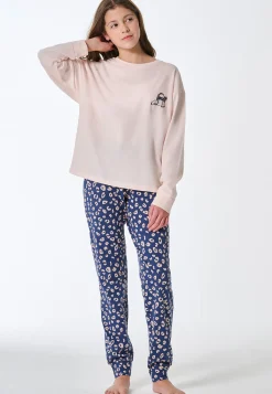 Schlafanzug lang Bündchen Katze Animal Print champagner - Teens Nightwear