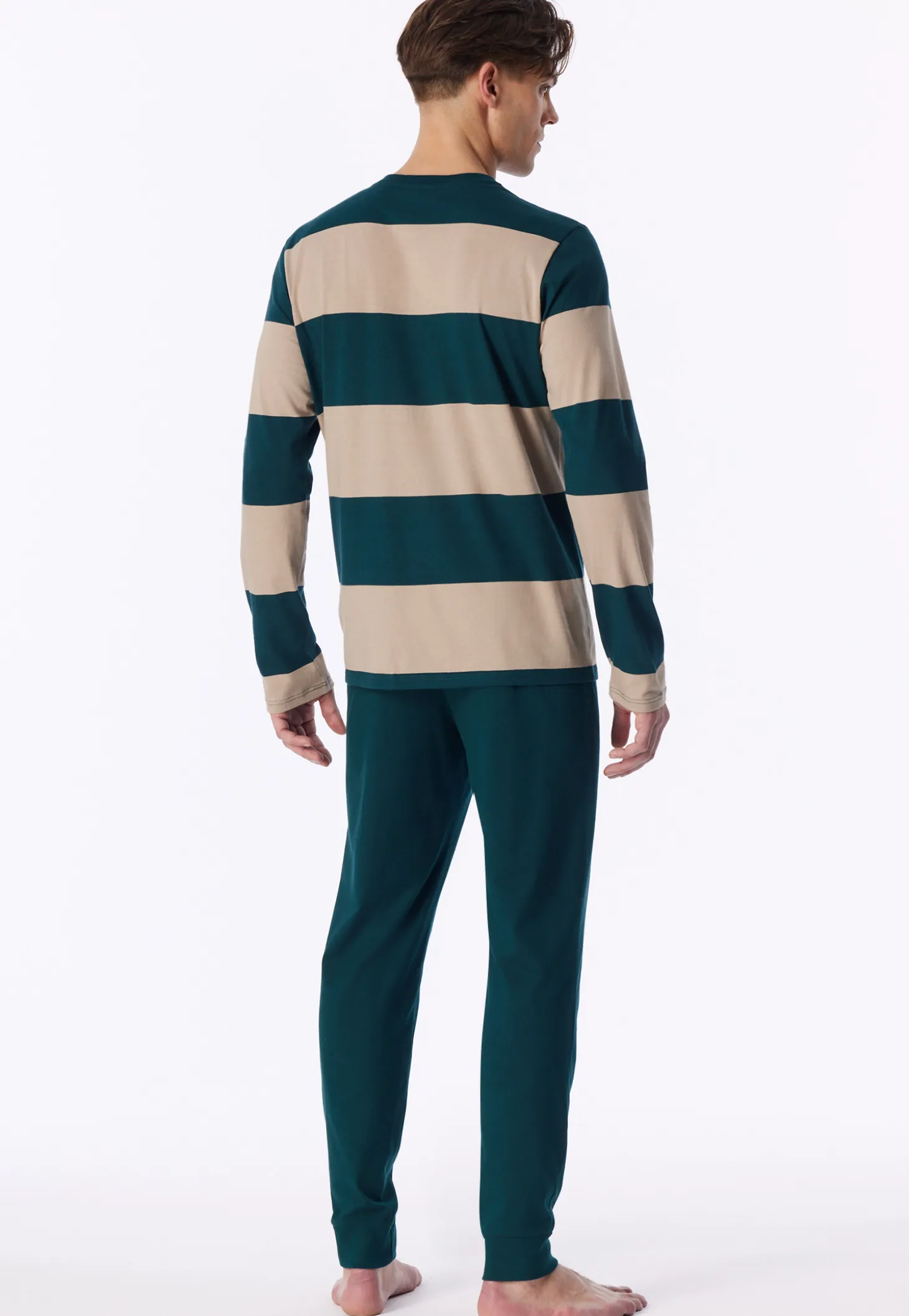 Schlafanzug lang Bündchen Ringel tiefseegrün - Casual Nightwear