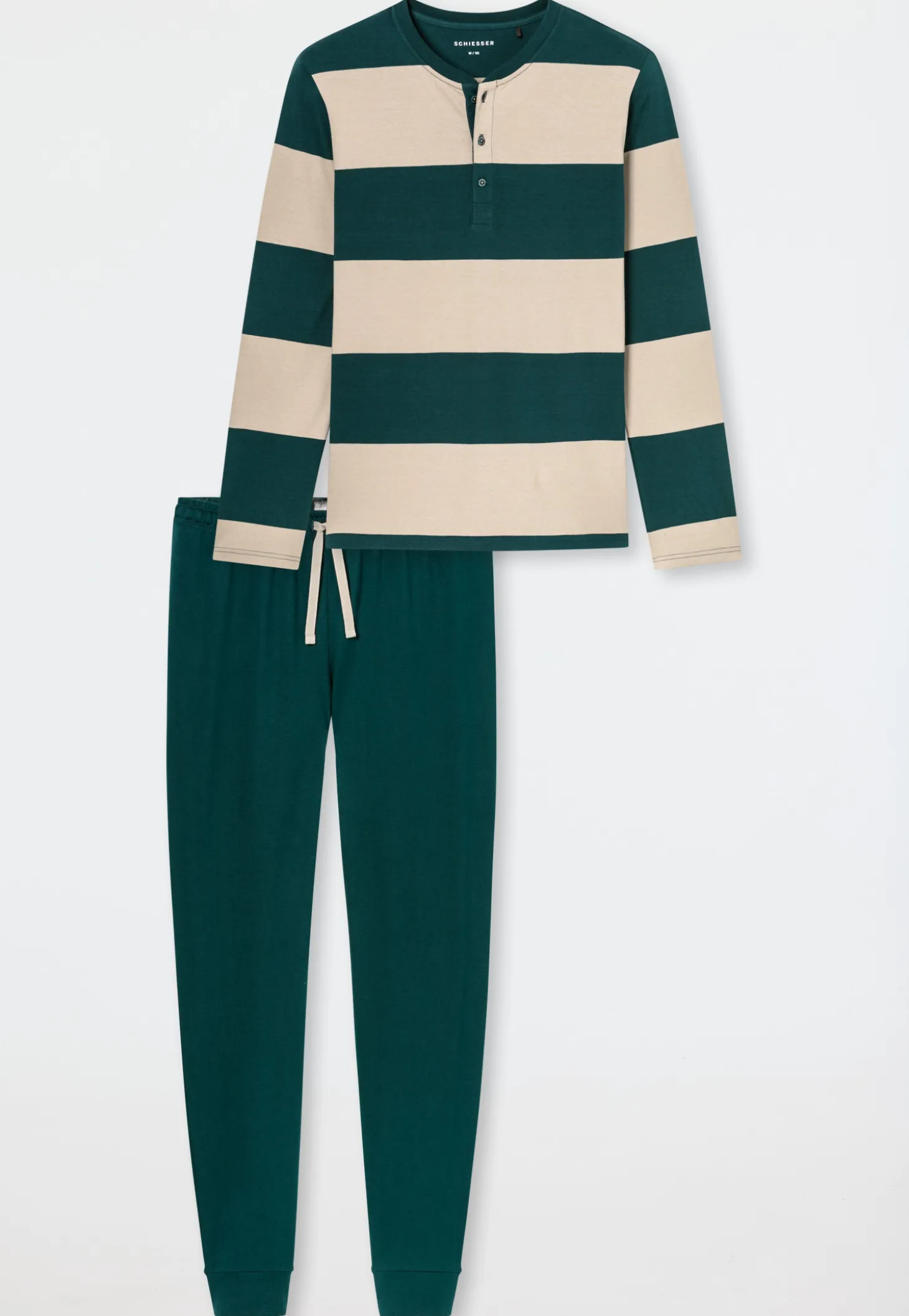 Schlafanzug lang Bündchen Ringel tiefseegrün - Casual Nightwear