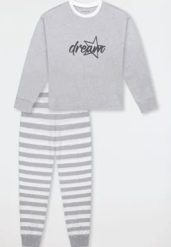 Schlafanzug lang Bündchen Ringel grau-meliert - Teens Nightwear