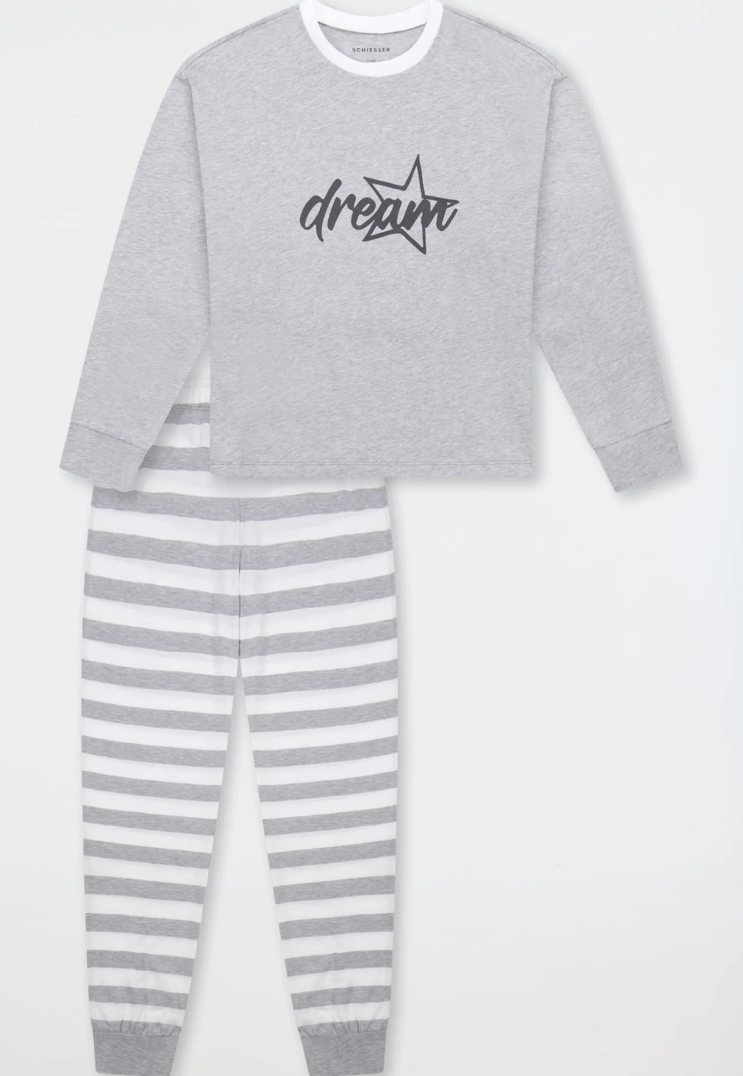 Schlafanzug lang Bündchen Ringel grau-meliert - Teens Nightwear