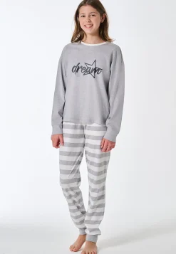 Schlafanzug lang Bündchen Ringel grau-meliert - Teens Nightwear