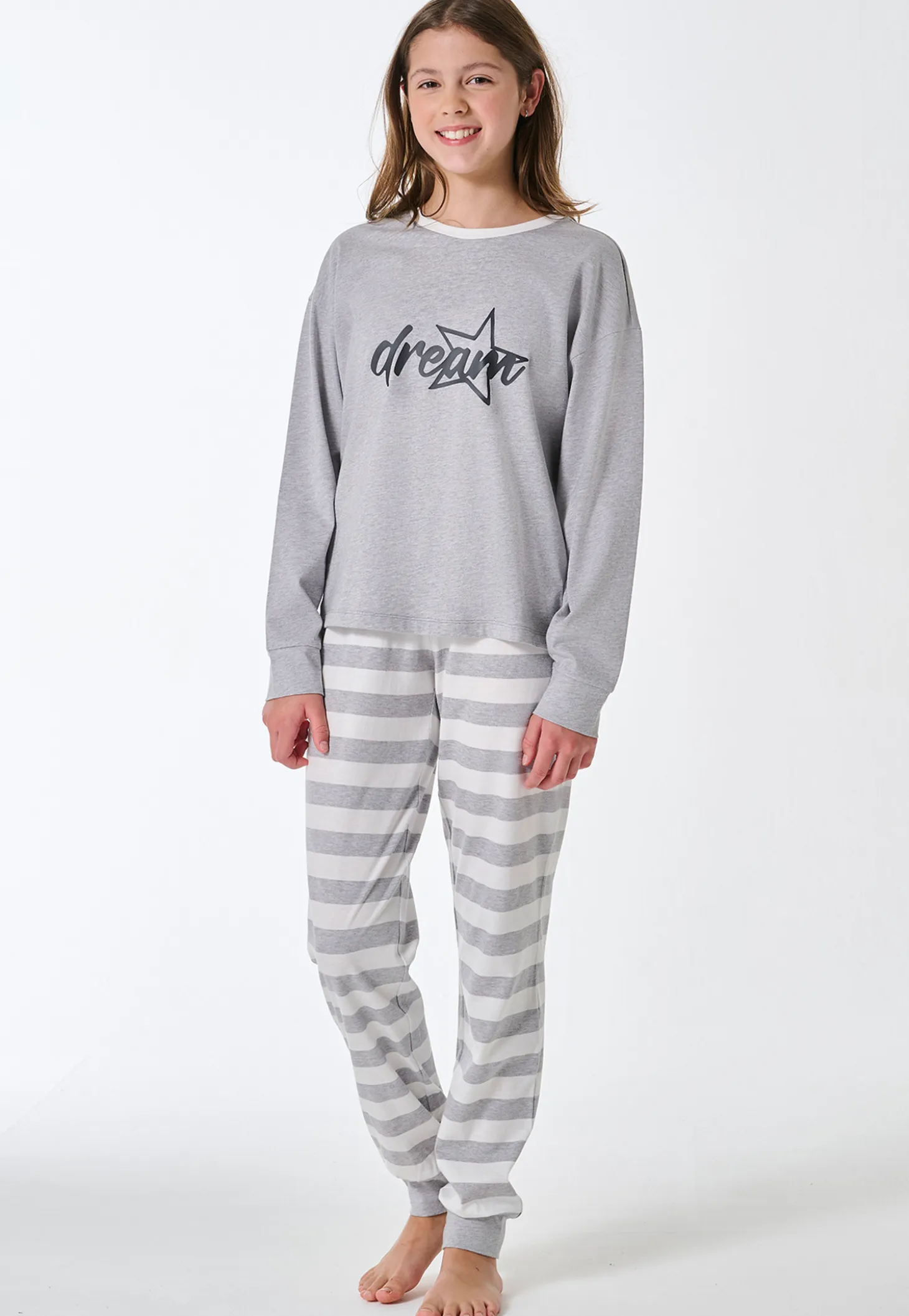 Schlafanzug lang Bündchen Ringel grau-meliert - Teens Nightwear