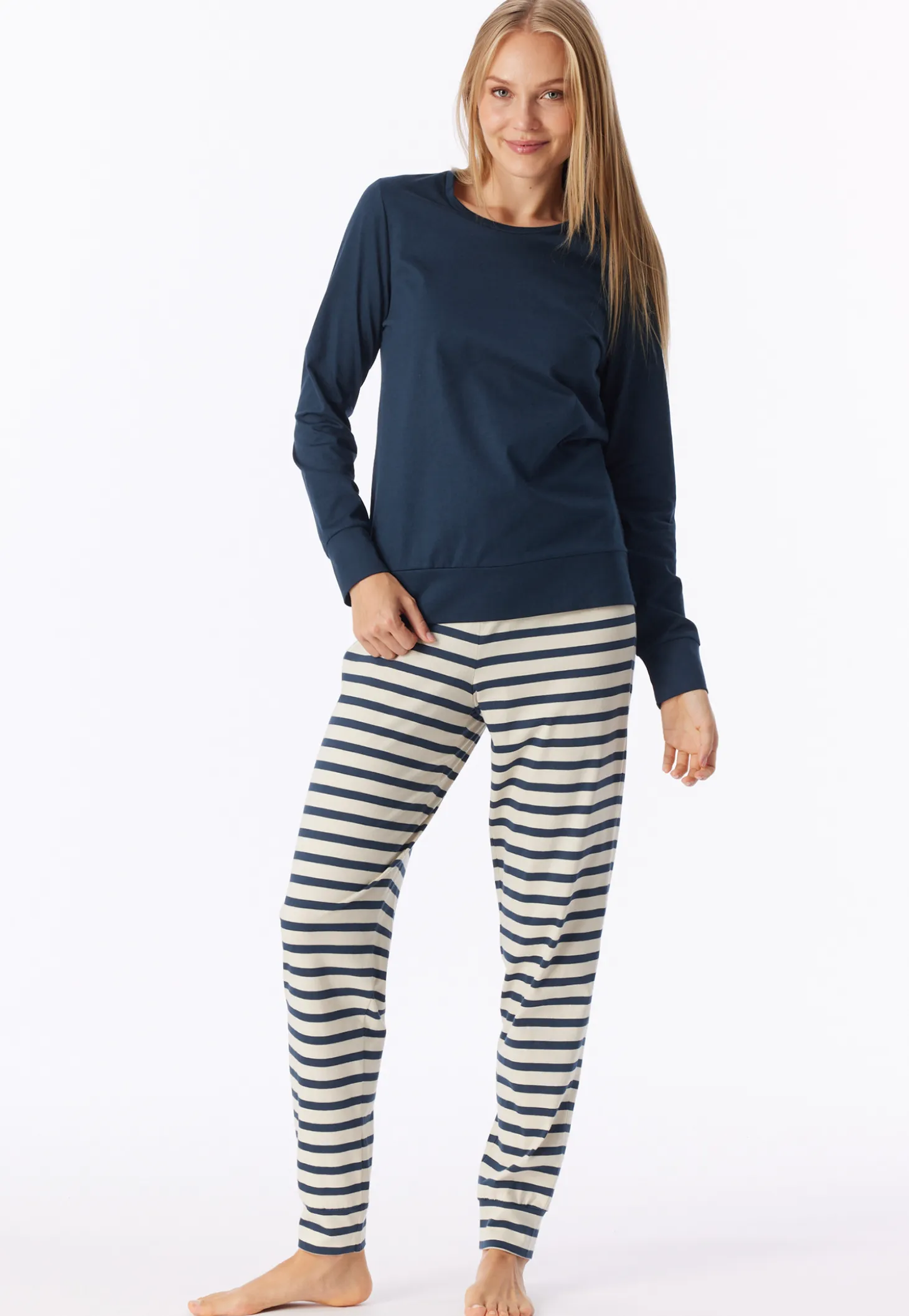 Schlafanzug lang Bündchen Ringel deep blue - Casual Essentials