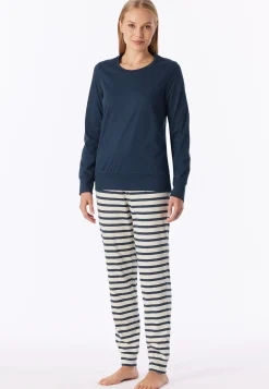Schlafanzug lang Bündchen Ringel deep blue - Casual Essentials