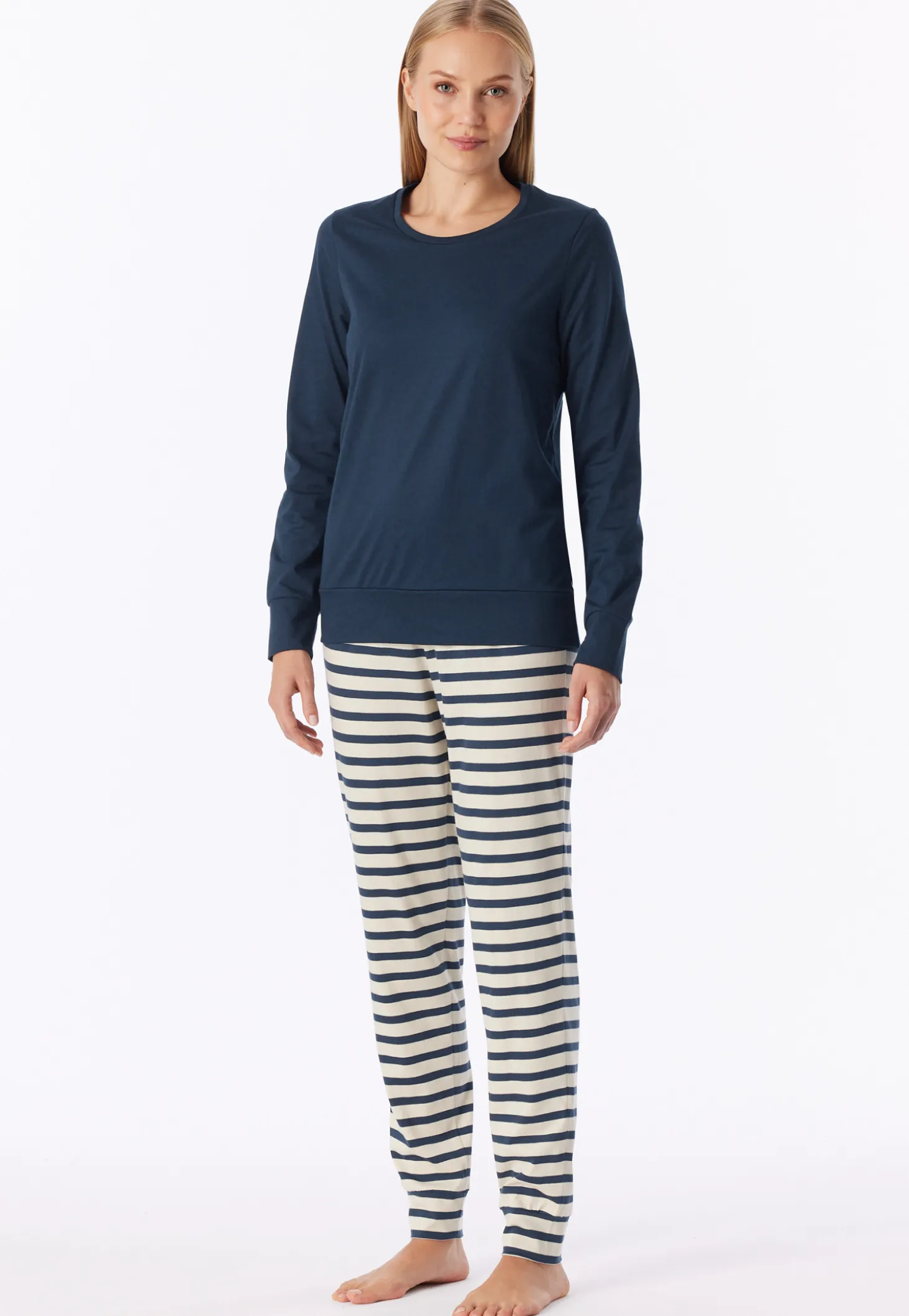 Schlafanzug lang Bündchen Ringel deep blue - Casual Essentials